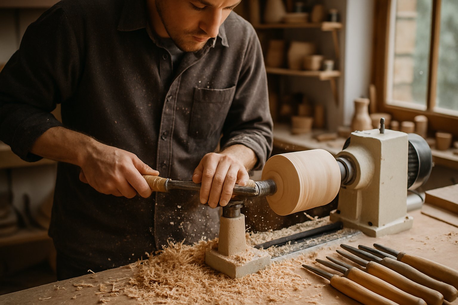 Person drechselt Holz an einer Drehbank in einer Werkstatt mit Holzspänen und Werkzeugen.